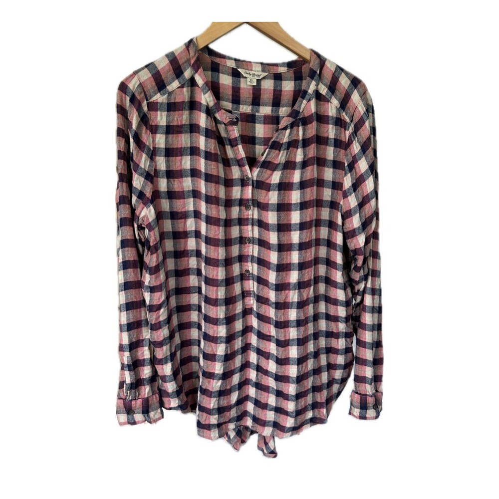 Lucky Brand Soft Girlfriend Plaid Hi Low Quarter Button Down Popover Shirt XL